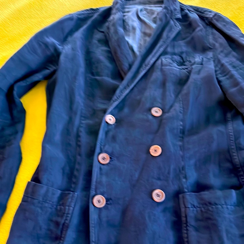 Giorgio Armani Blue Linen Crossed 6 Button Blazer